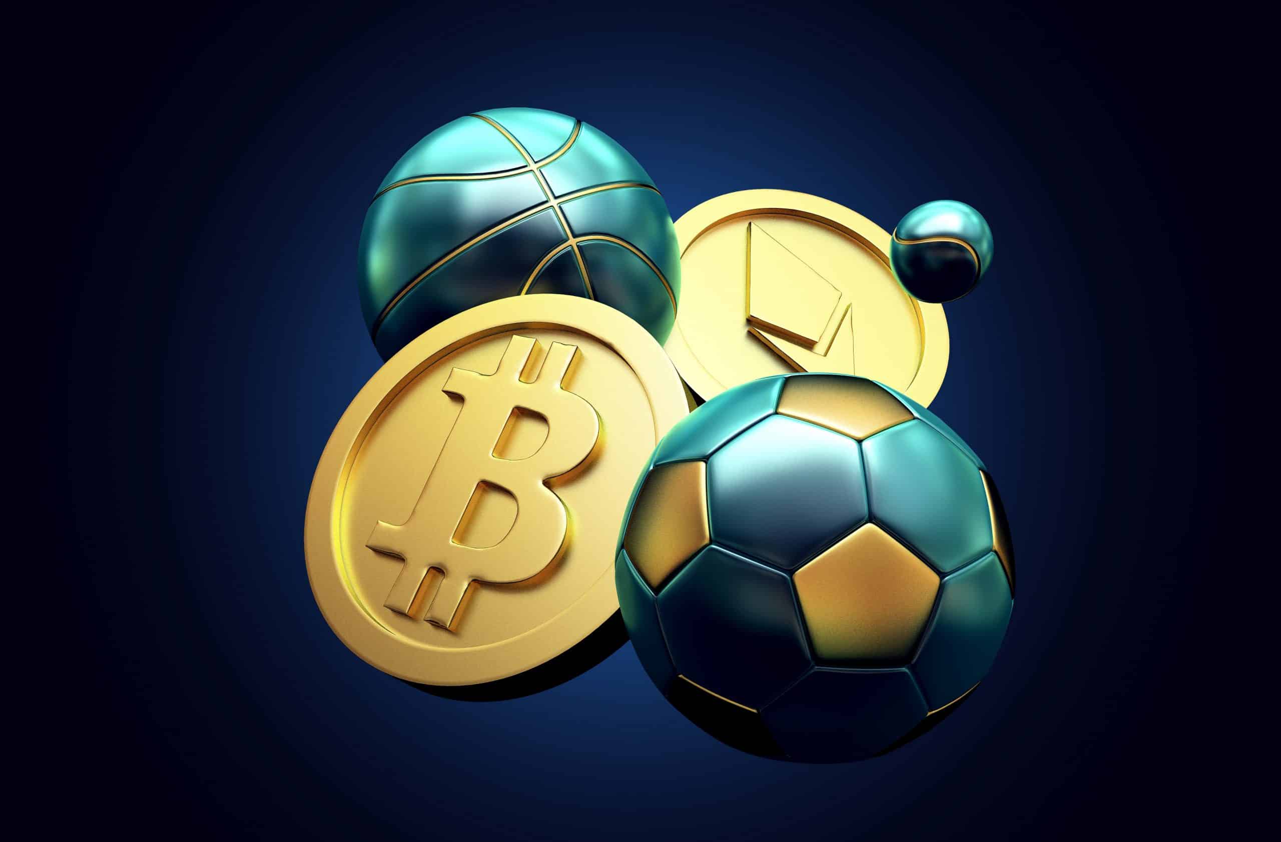 Vetor de criptomoedas com bolas de futebol e basquete